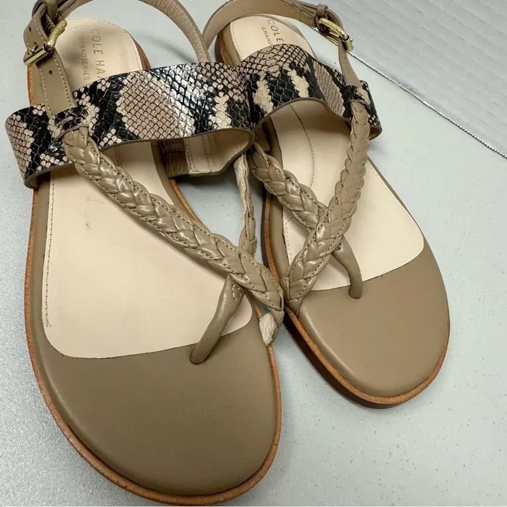 Cole Haan Grand Series Strappy Leather Sandals Women 8.5 Snake Print Cream Beach